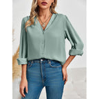 Women's Business Casual Tops Summer Long Sleeve Button Down Shirts V Neck Chiffon Blouses