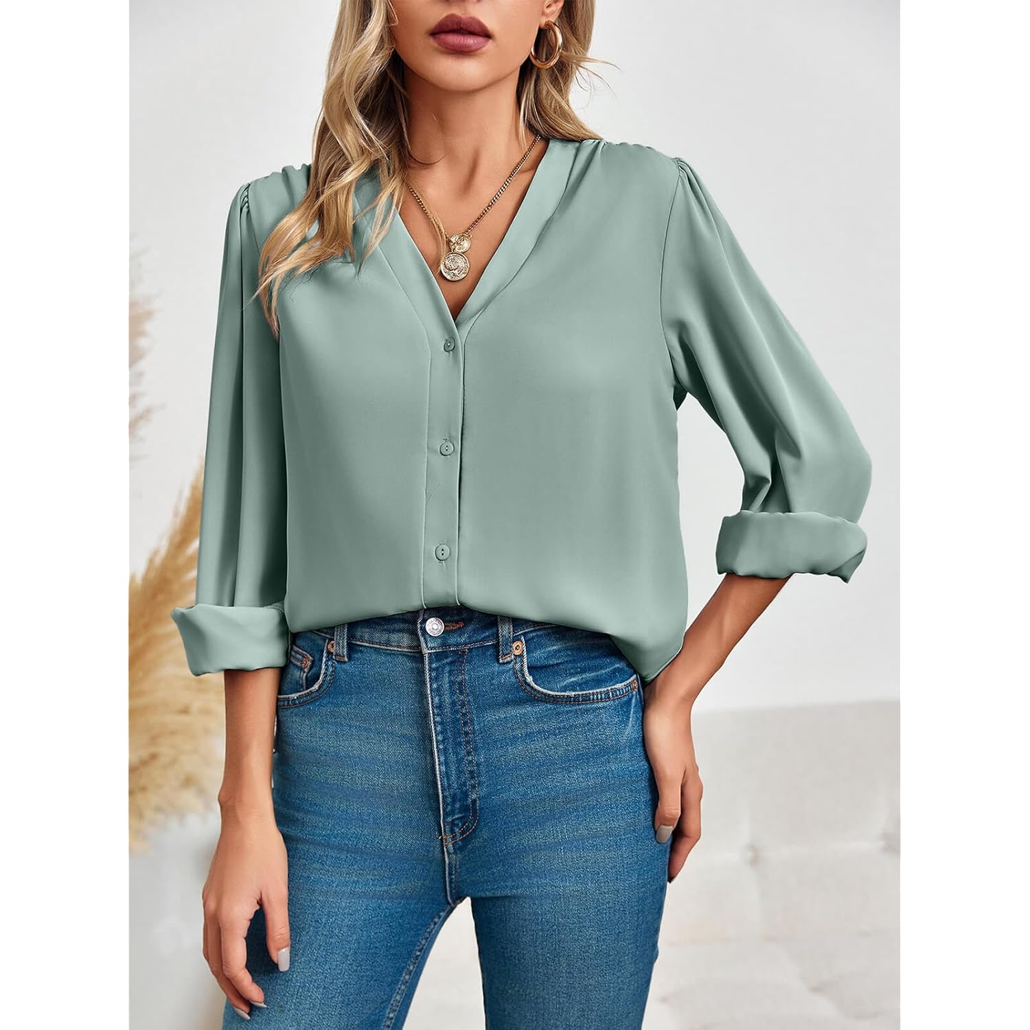 Women's Business Casual Tops Summer Long Sleeve Button Down Shirts V Neck Chiffon Blouses