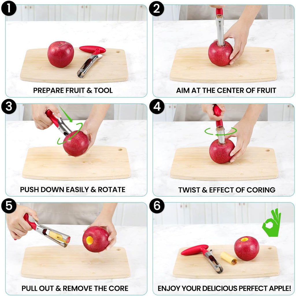 Schvubenr Premium Apple Corer Tool - Easy To Use And Clean - Sturdy Apple Core Remover With Sharp Serrated Blades - Stainless Steel Corers For Apple And Pear - Core Fruits With Ease(Red)
