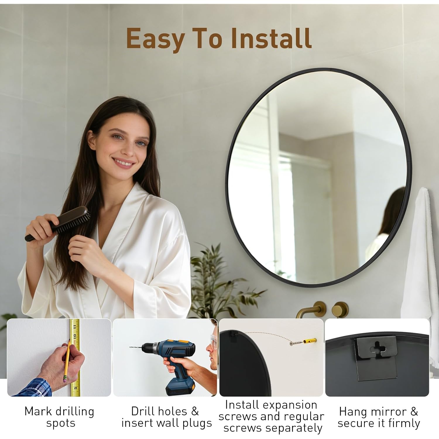 Newbulig 30 Inch Round Wall Mirror, Bathroom Mirrors For Over Sink, Matte Metal Framed Circle Vanity Mirror, Wall Decor For Bedroom, Entryway, Anti-Rust, Tempered Glass, Hanging Or Leaning, Black