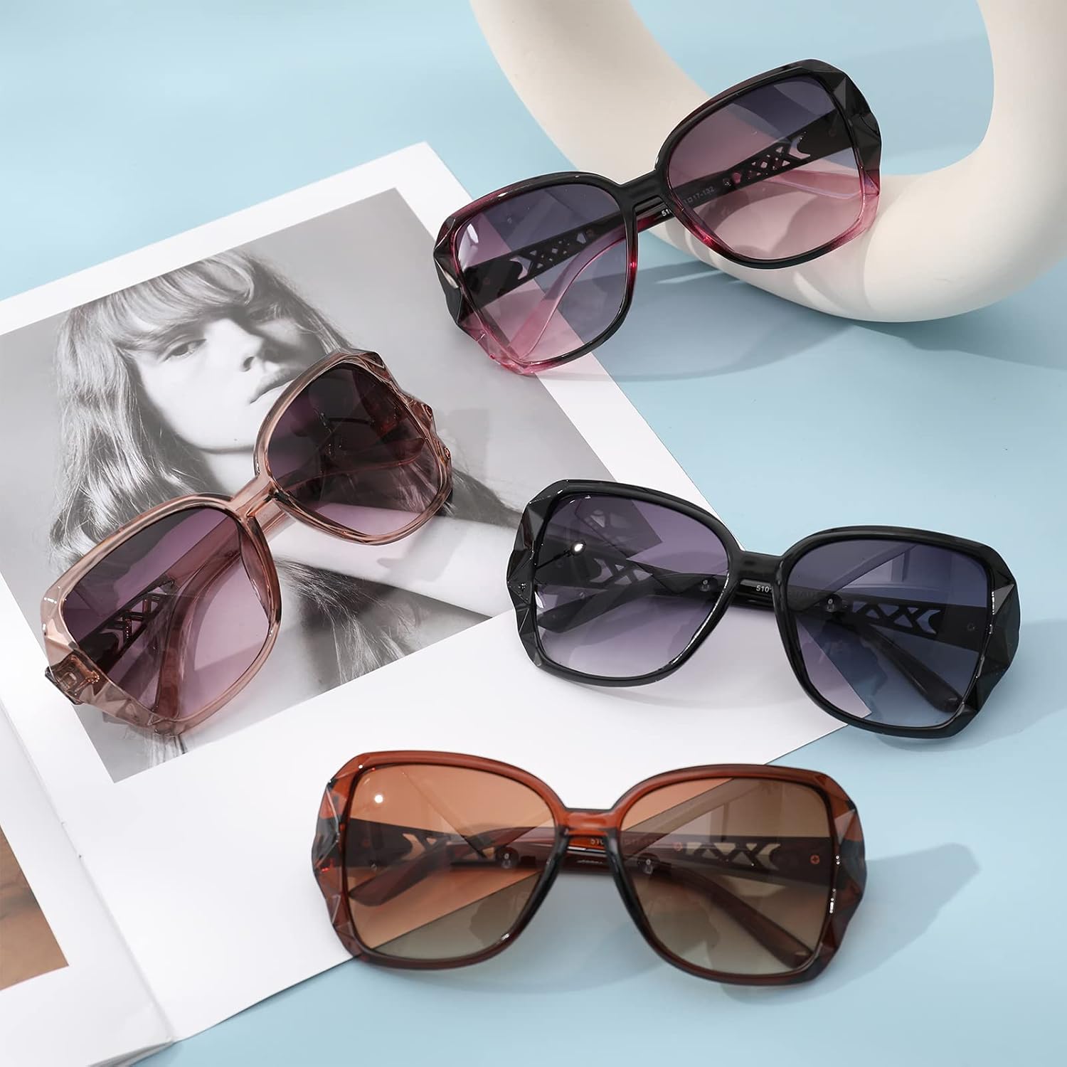 DragonflyDreams 4 Pcs Women Large Sunglasses, UV 400 Glasses Oversized Classic Trend Ladies Sunglasses Sparkling Large Frame Multi