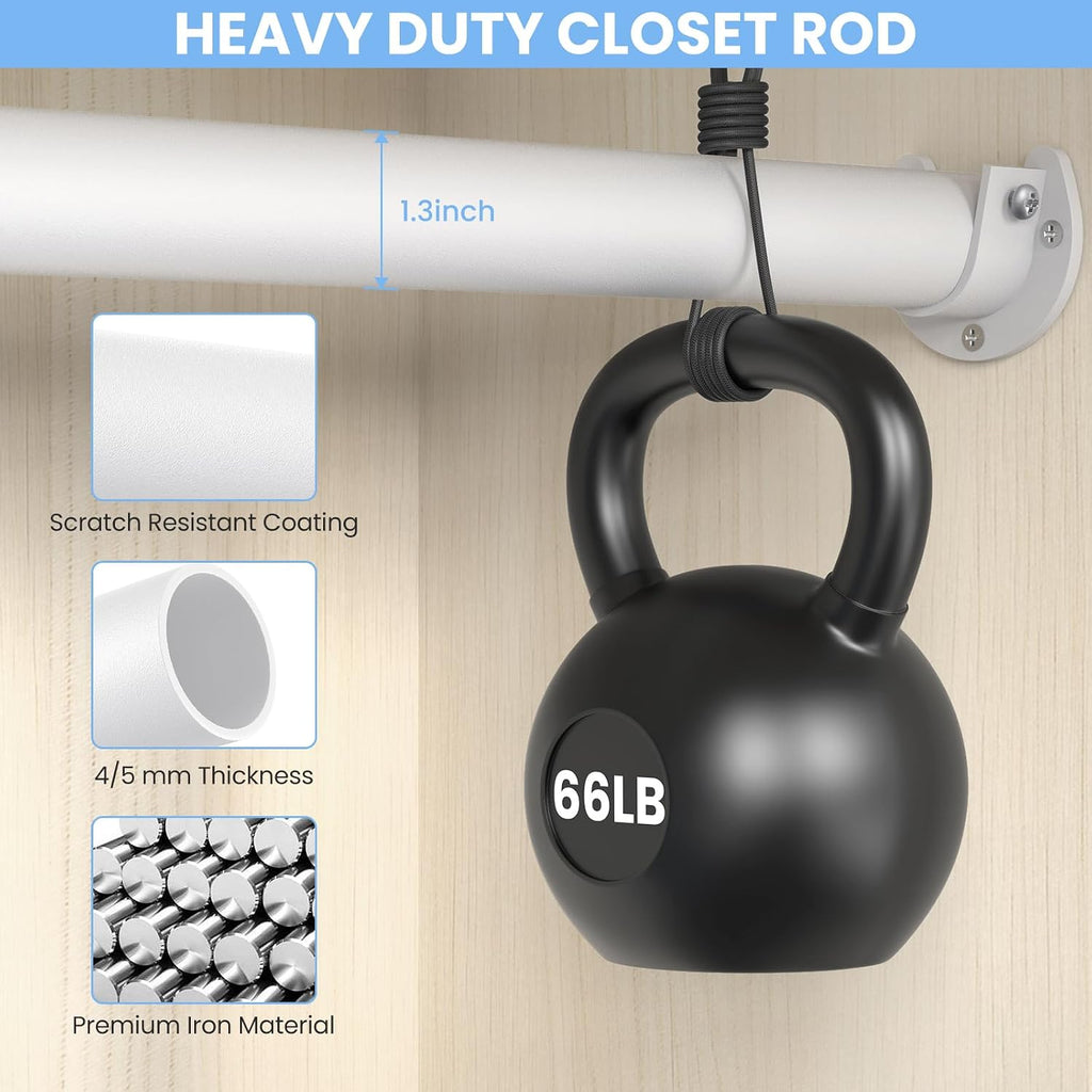 Closet Rods For Hanging Clothes, 17 To 84 Inch Heavy Duty Stepless Adjustable Closet Hanging Rod, 1.3 Inch Diameter Metal Closet Rod For Wardrobes Laundry Bedroom Rv, White