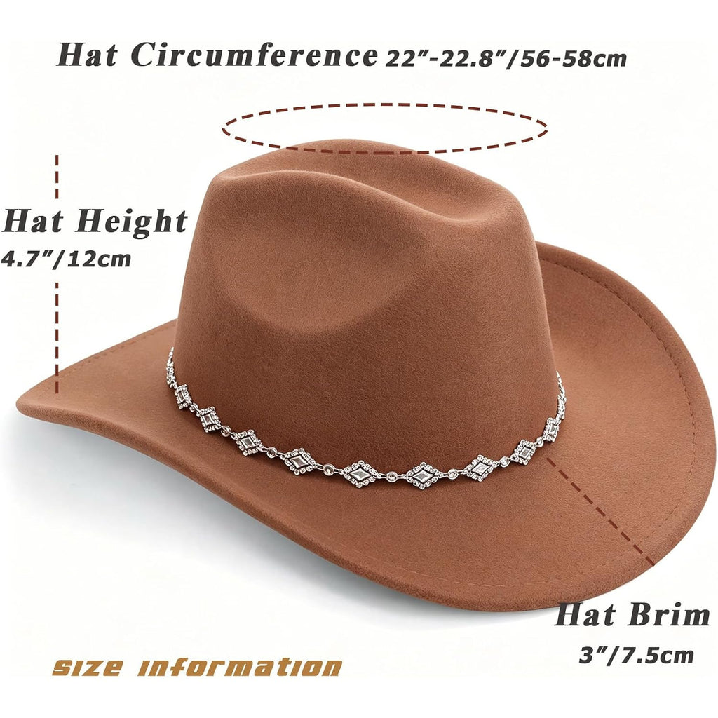 Western Cowboy Hat for Women Men Wide Brim Retro Felt Fedora Cowgirl Hats Classic Unisex Rolled up Caps Outdoor Khaki
