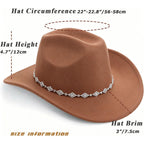 Western Cowboy Hat for Women Men Wide Brim Retro Felt Fedora Cowgirl Hats Classic Unisex Rolled up Caps Outdoor Khaki