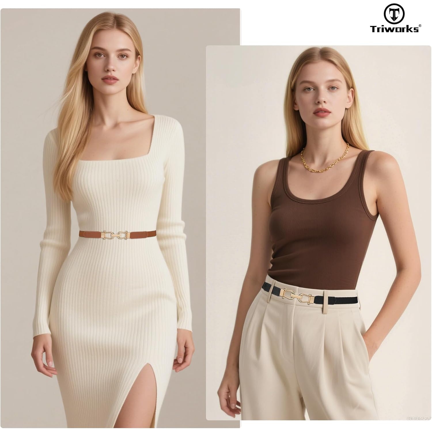 TRIWORKS 4 Pack Women Skinny Elastic Belts Gold Buckle Thin Stretchy Waist Belts for Dresses