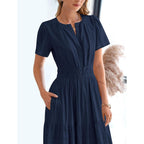 Btfbm Womens Summer 2026 Casual Midi Maxi Dresses Lightweight Short Sleeve V Neck Elastic Waist Boho Beach Dress Pockets