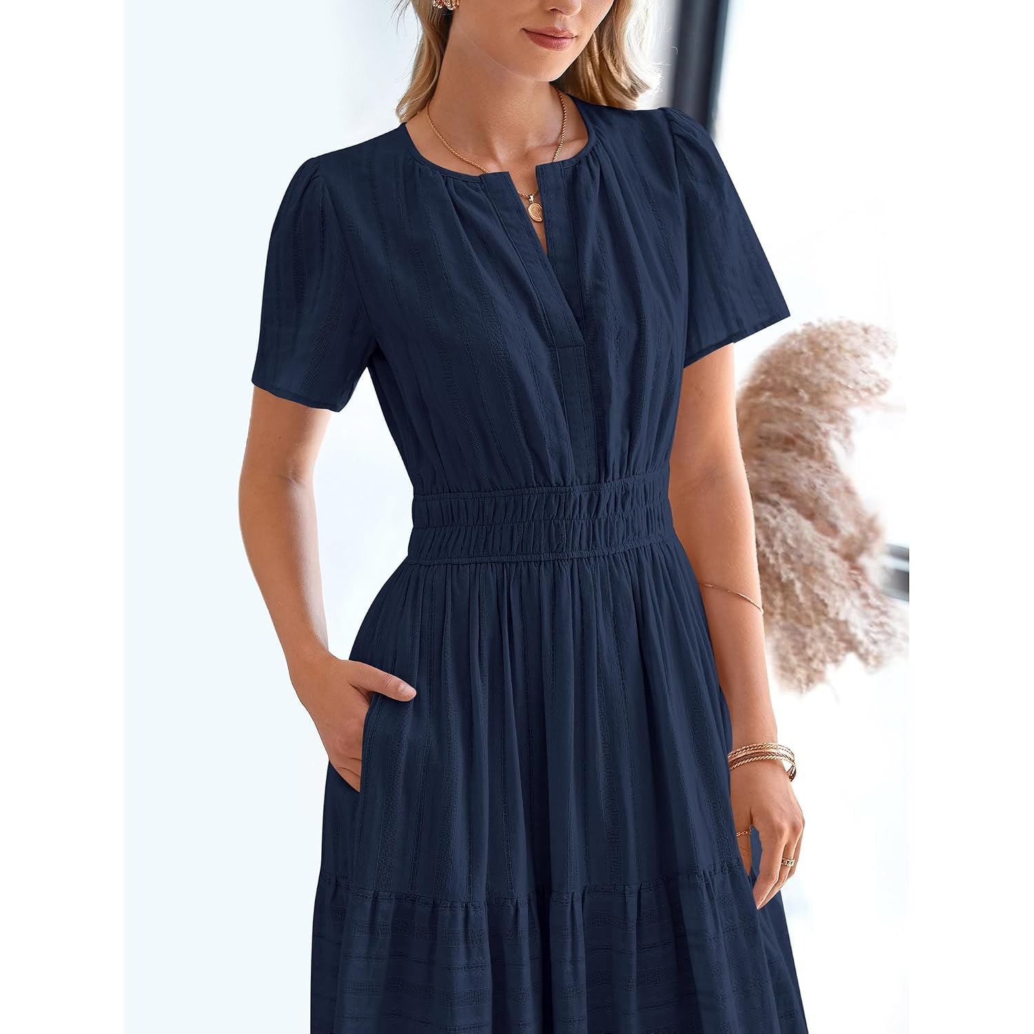 Btfbm Womens Summer 2026 Casual Midi Maxi Dresses Lightweight Short Sleeve V Neck Elastic Waist Boho Beach Dress Pockets