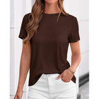 Kirundo Short Sleeve Tops For Women, 2026 Summer Crewneck Knit Plain T-Shirts, Soft Stretchy Basic Tee For Daily Wear Work