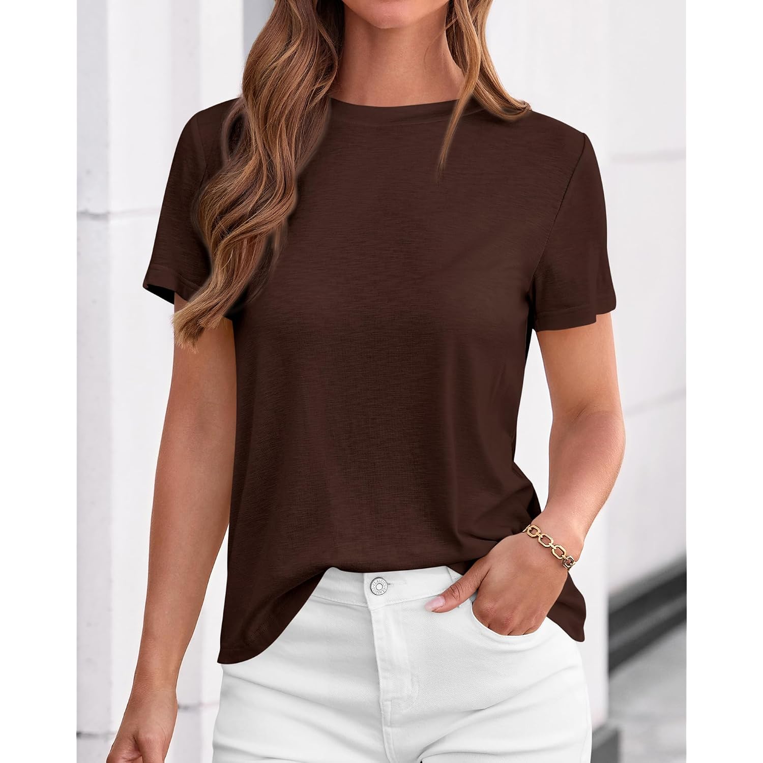 Kirundo Short Sleeve Tops For Women, 2026 Summer Crewneck Knit Plain T-Shirts, Soft Stretchy Basic Tee For Daily Wear Work
