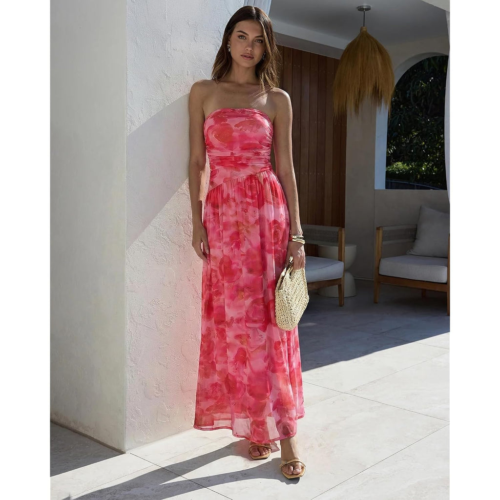 Summer Floral Wedding Guest Maxi Dress For Women Strapless Tube Long Dresses Mesh Flowy Vacation Cocktail Dresses