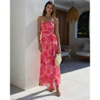 Summer Floral Wedding Guest Maxi Dress For Women Strapless Tube Long Dresses Mesh Flowy Vacation Cocktail Dresses