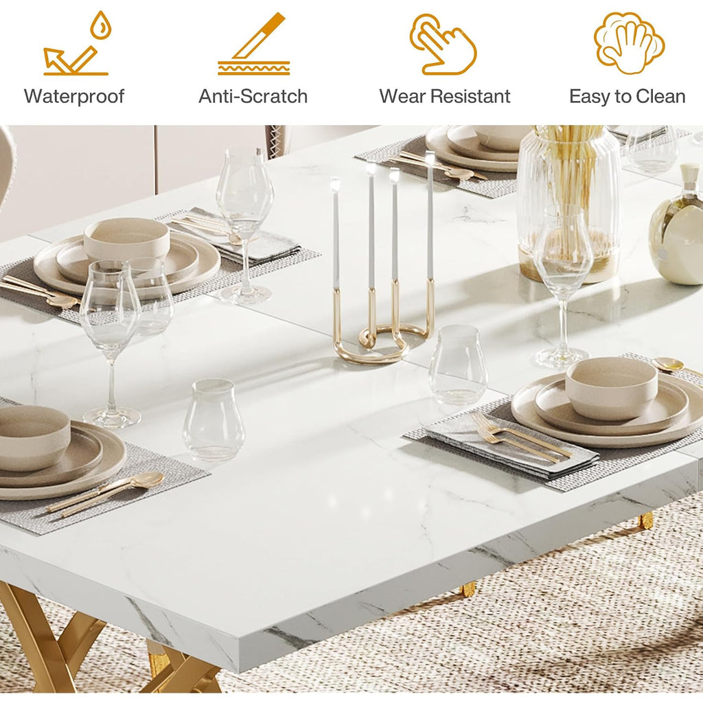Tribesigns 63" Dining Table For 4 To 6, White And Gold Kitchen Table | Modern Large Rectangular Dinner Table Kitchen & Dining Room Furniture With Faux Marble Tabletop And Geometric Legs