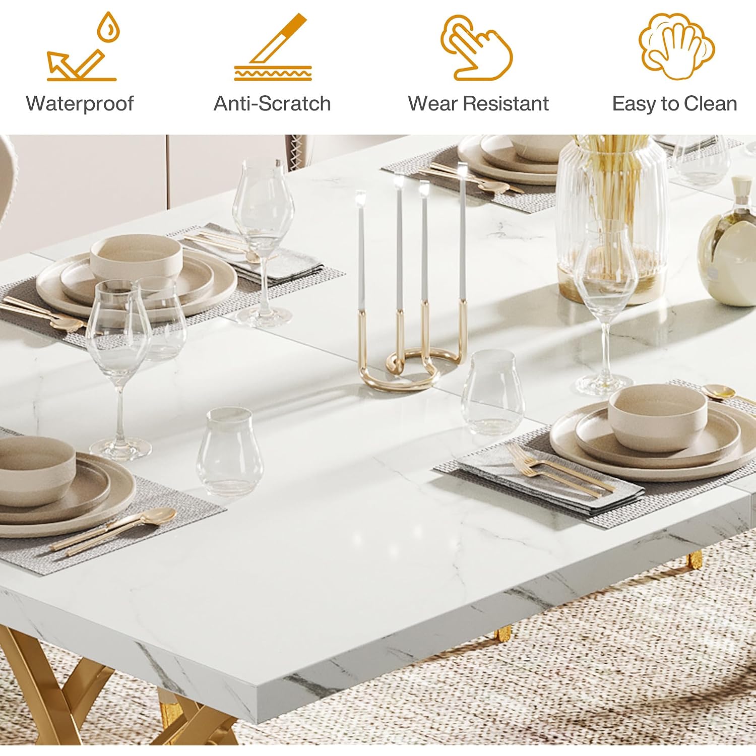 Tribesigns 63" Dining Table For 4 To 6, White And Gold Kitchen Table | Modern Large Rectangular Dinner Table Kitchen & Dining Room Furniture With Faux Marble Tabletop And Geometric Legs