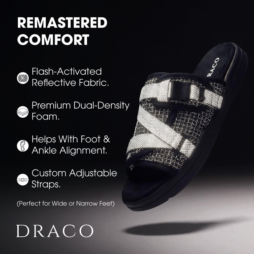 Draco Dracoslides Reflective Slides For Men And Women, Wrapped In Reflective 3M With Adjustable Straps For Wide/Narrow Feet, Sandals With Arch Support & Slip Resistant, Men & Women Footwear, Black