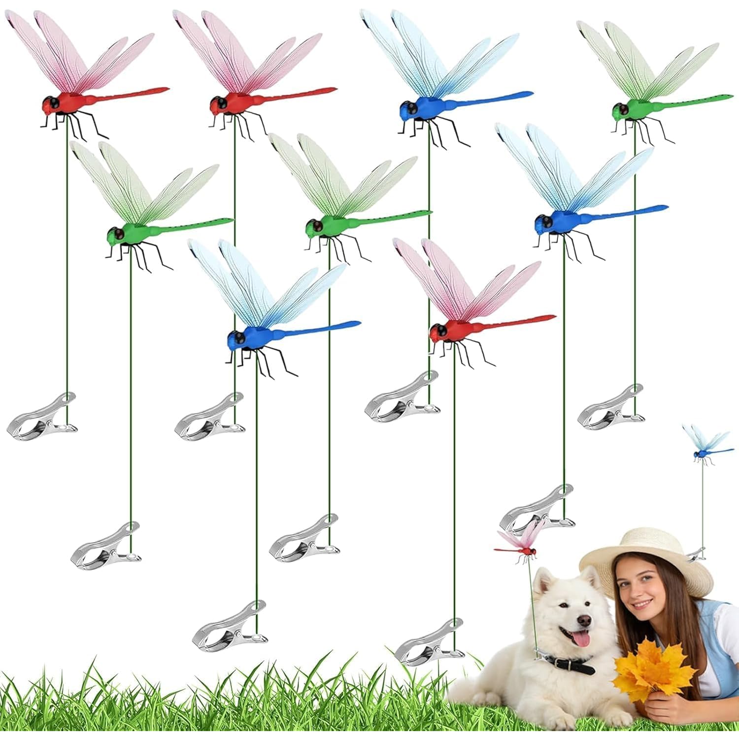 12 Pack Dragonfly Clips,3D Fake Dragonflies, Humming Bird Stakes, Plastics Dragonfly For Garden Stakes Decor Yard Ornaments,Deer And Horse,Fly Scare Devices For Indoor Outdoor