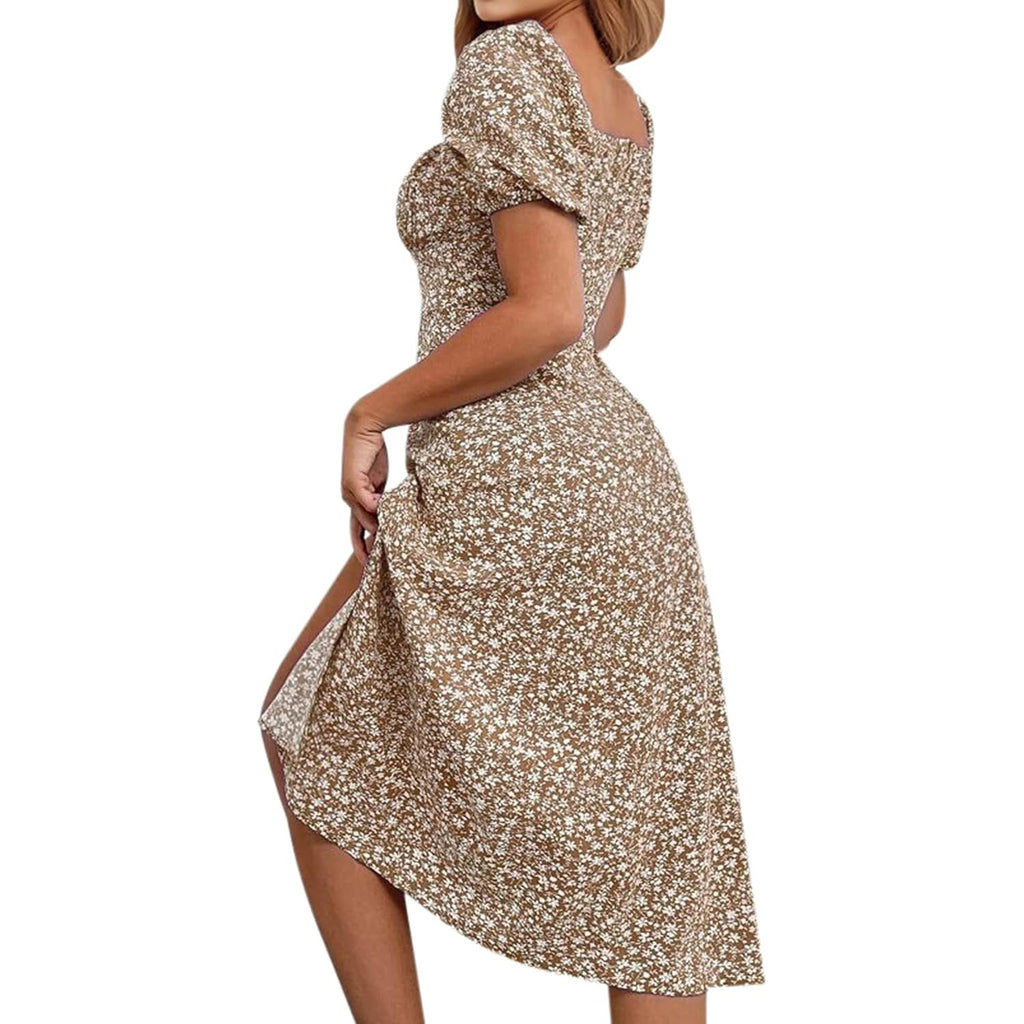 Sprime Women'S Floral Summer Casual Dress Square Neck Puff Sleeve Boho Midi Dresses Ruched Bust High Waist Split Long Dress