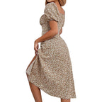 Sprime Women'S Floral Summer Casual Dress Square Neck Puff Sleeve Boho Midi Dresses Ruched Bust High Waist Split Long Dress