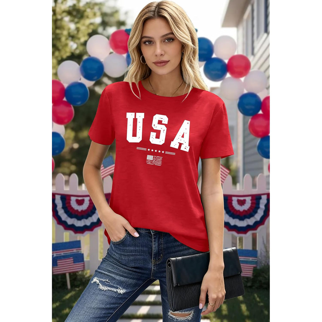 American Flag Shirts for Women: USA Flag Graphic Tee 4th July T Shirt Blouse Tops Red2