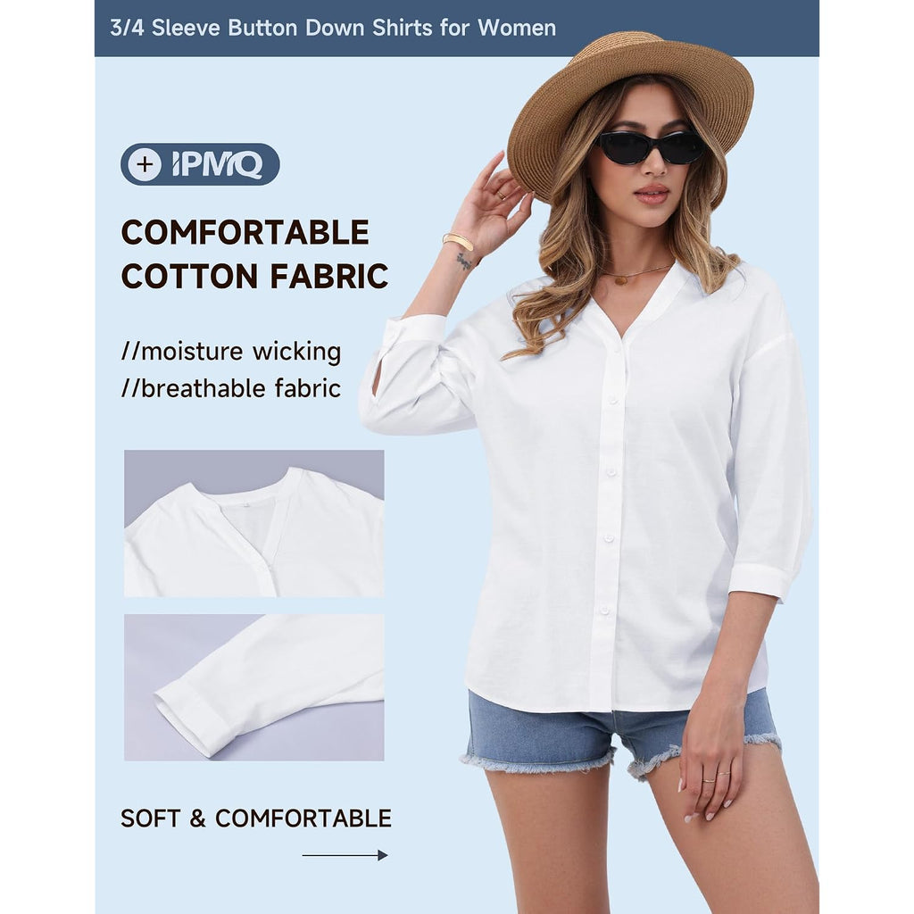 Womens Cotton Button Down Shirts 3/4 Sleeve Casual Loose Fit V Neck Stylish Breathable Summer Spring Blouses Top