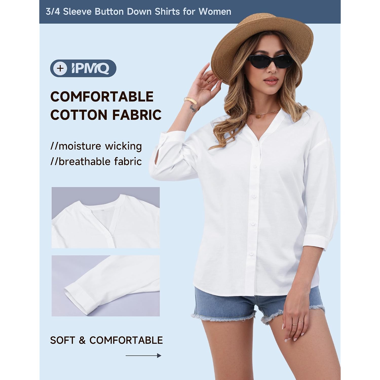 Womens Cotton Button Down Shirts 3/4 Sleeve Casual Loose Fit V Neck Stylish Breathable Summer Spring Blouses Top