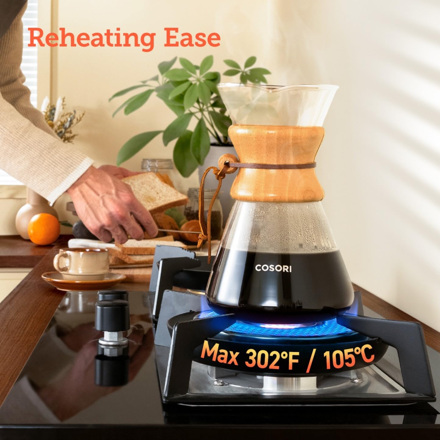 Cosori Pour Over Coffee Maker with Double Layer Stainless Steel Filter, 8-Cup, 34oz, Drip Coffee Maker, Coffee Dripper Brewer, High Heat Resistant Carafe, also for Camping, Hiking
