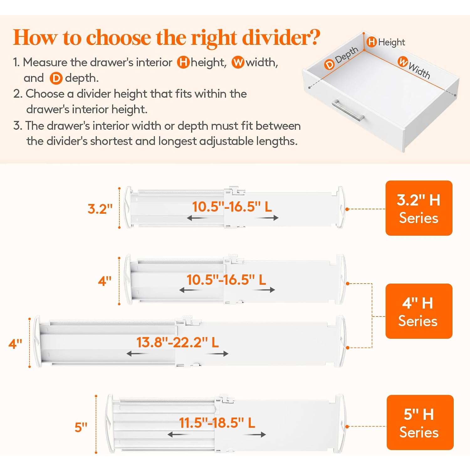 Lifewit 9 Pack Drawer Dividers For Clothes, 4" High 10.5"-16.5" Expandable Dresser Drawer Organizers, Adjustable White Plastic Separators For Kitchen, Cabinet, Nursery, Socks & Underwear Storage