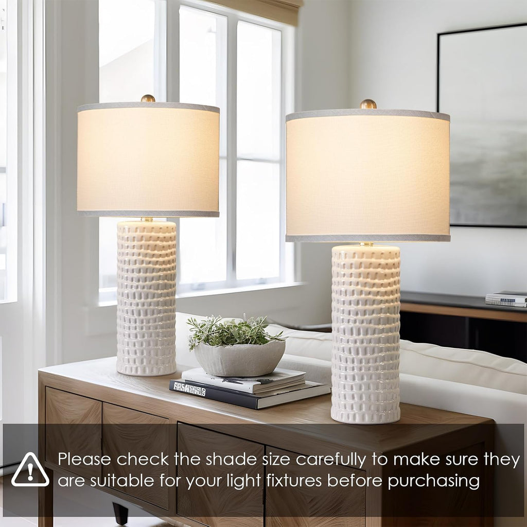 Drum Lamp Shades Set Of 2, 13"X13"X10", Spider Fitter Finials | White Large Replacement Linen Lampshades For Table Lamps, Floor Lamps, Easy Assembly, 13" Top X 13" Bottom X 10" High