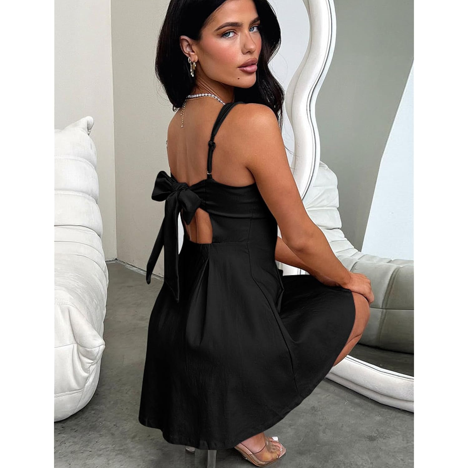 Women's Sexy Sleeveless Square Neck Adjustable Straps Bow Tie A-line Mini Party Club Dress