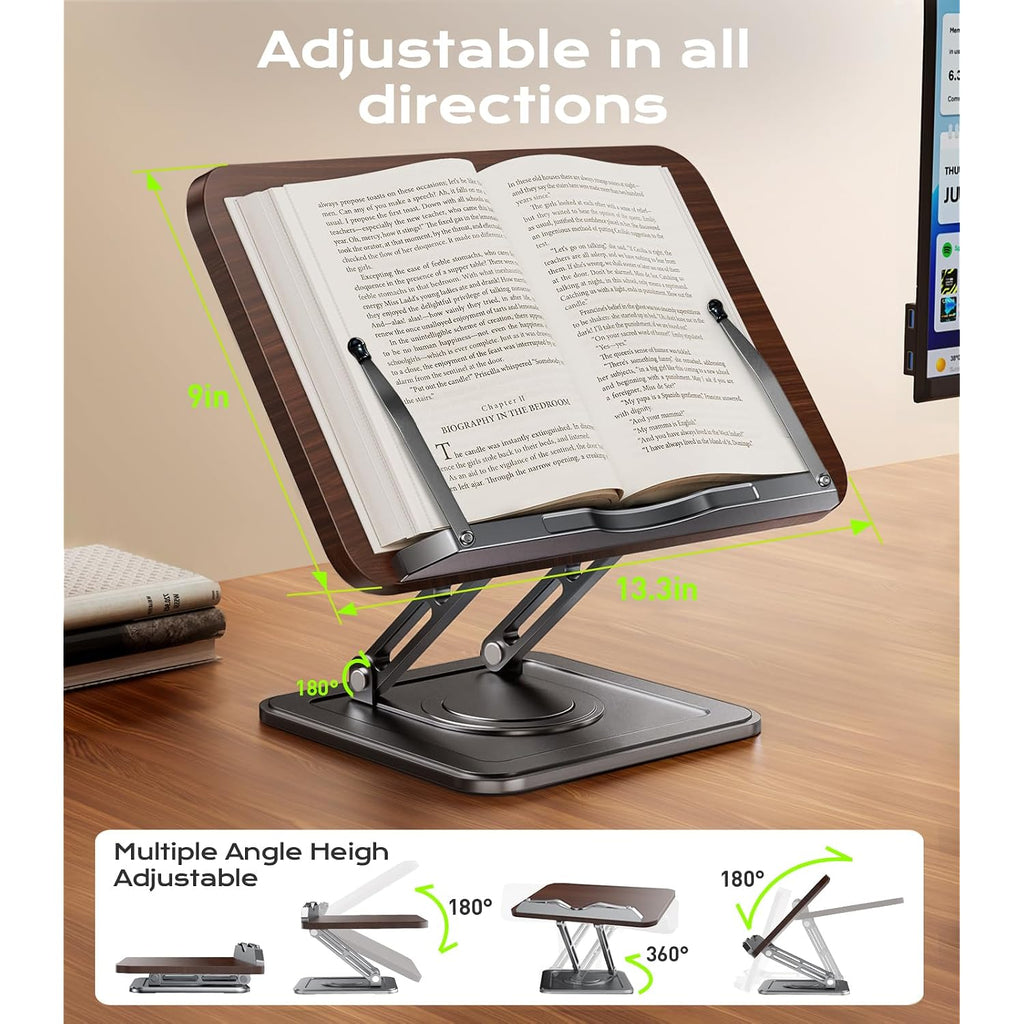 Book Stand For Reading, Adjustable Book Holder With 360°Rotating Bases, Ergonomic Cookbook Stand Recipe Book Holder With Elastic Page Clips For Magazines, Tablets, Laptops,Black