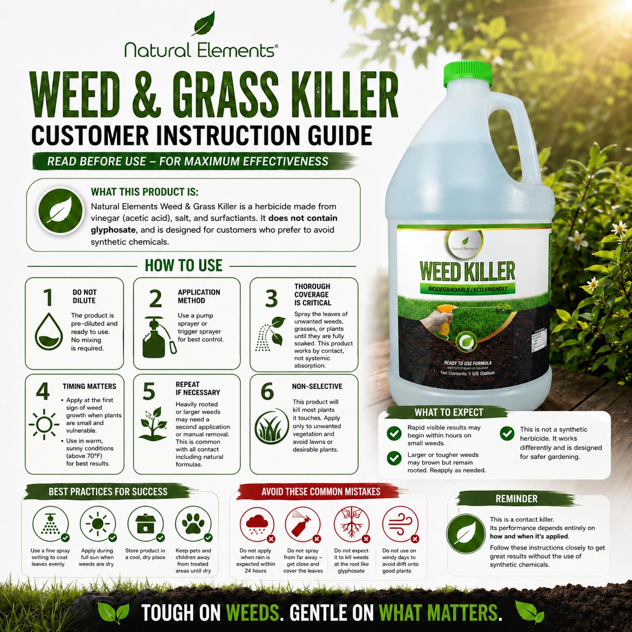 Natural Elements Weed Killer | Pet Safe, Safe Around Children | Natural Herbicide (1 Gallon)