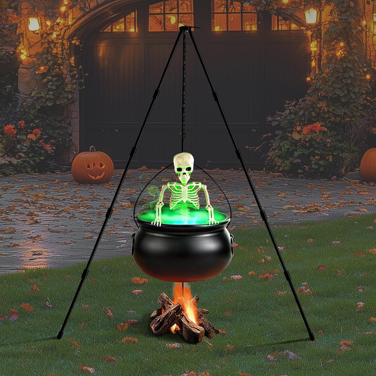 Halloween Decorations Outdoor - Large Witches Cauldron On Tripod With Cauldron Diffuserr And Big Skeleton - Black Plastic Cauldron Halloween Decor For Outside Yard Lawn Home Porch Door