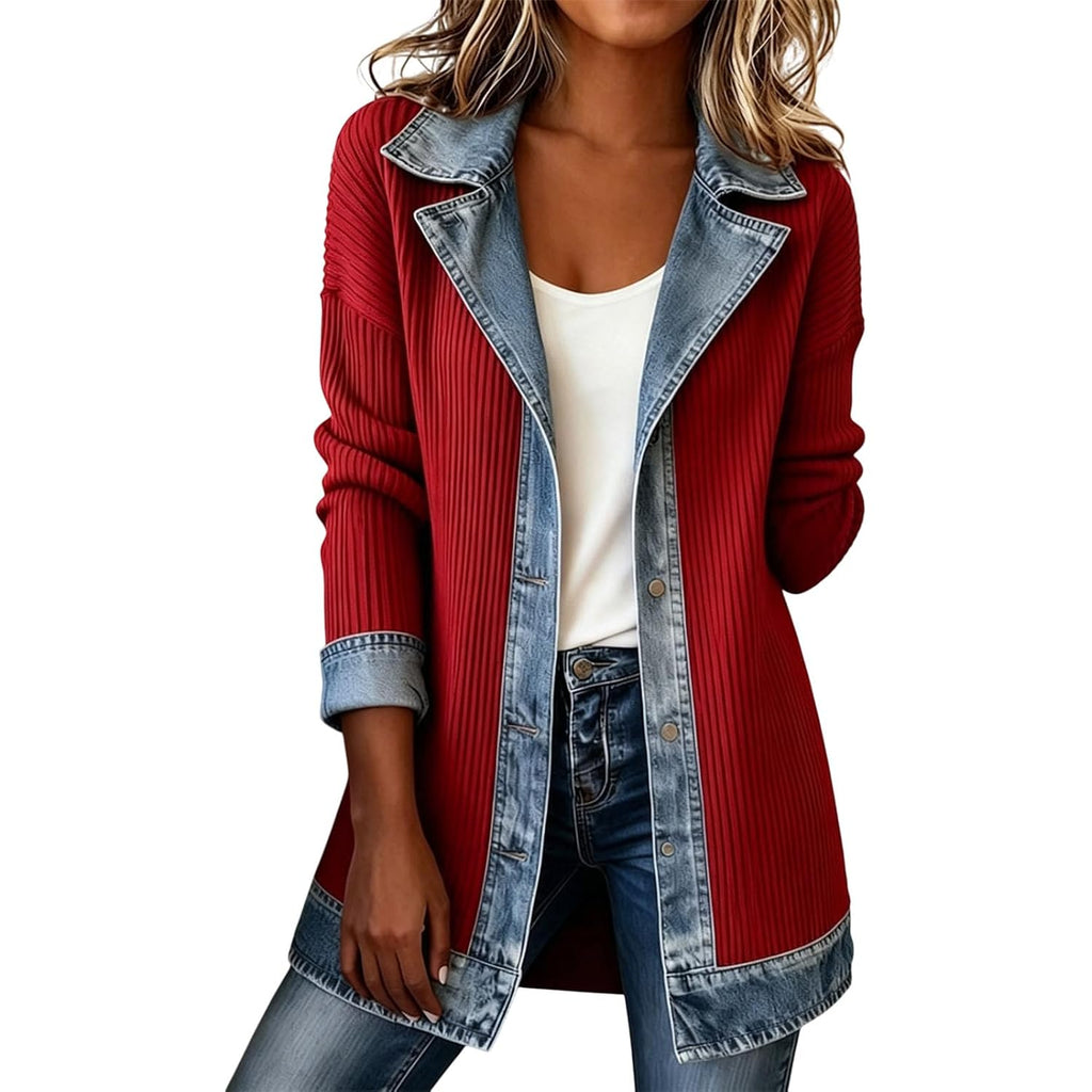 Womens Denim Patchwork Collared Shirt Jacket, Denim Trimmed Sweater Jacket Loose Button Down Long Sleeve Shacket
