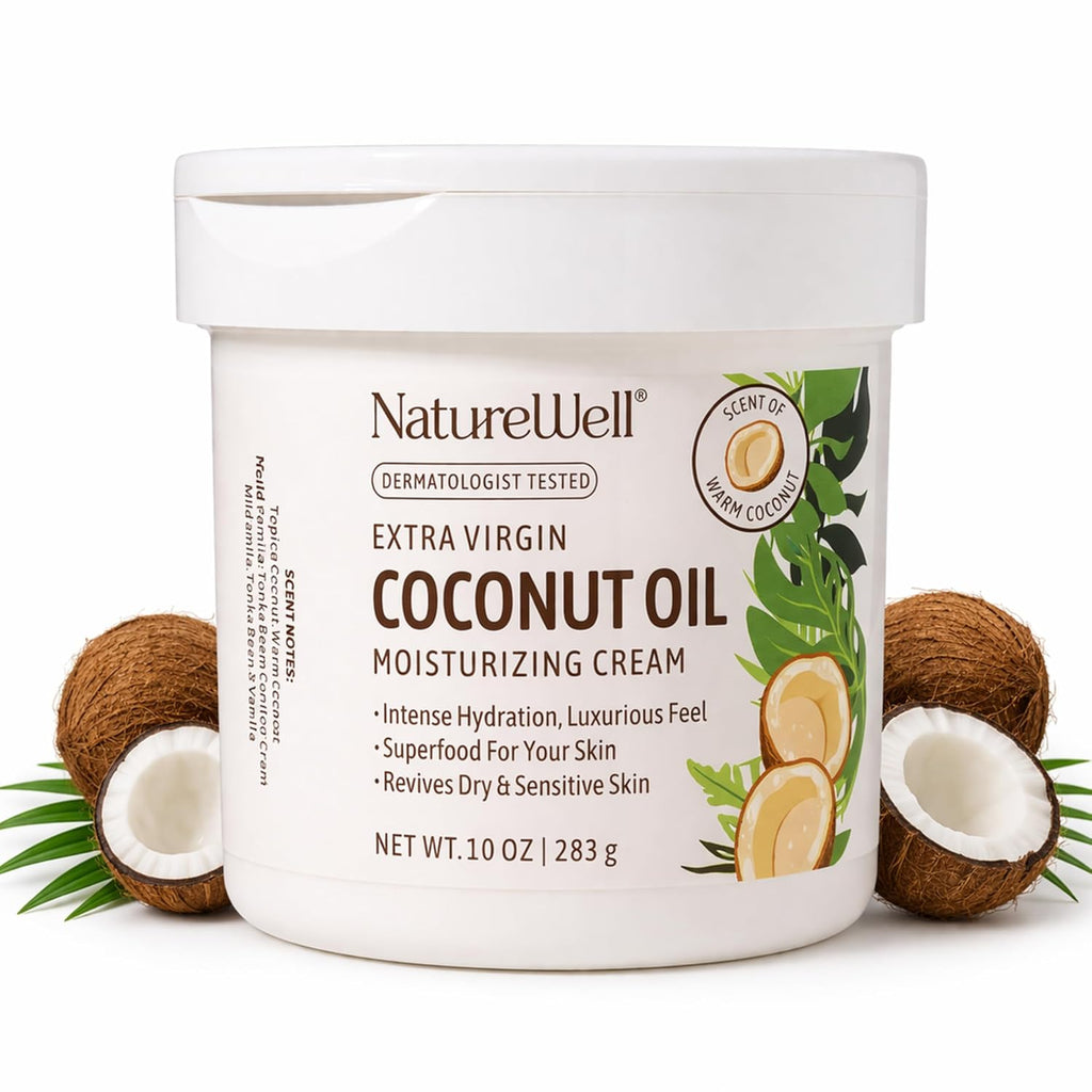 Nature Well Coconut Oil Moisturizing Cream For Dry Skin – Deep Hydration Lotion For Face, Body & Hands, Spa Quality Skincare, Softens & Smooths, Non-Greasy, Fast Absorbing, Scented (10 Ounce)