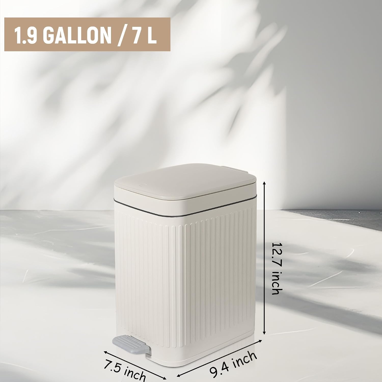 Small Bathroom Trash Can With Lid Slim Soft Close Garbage Can Step Wastebasket Container Trash Bin For Office Bedroom Kitchen Living Room (1.9 Gallon Cream)