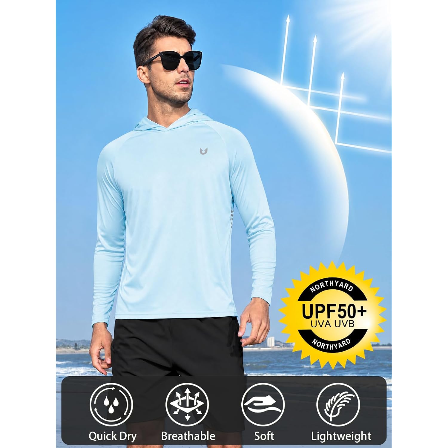 Northyard Men'S Upf 50+ Sun Protection Hoodie Long Sleeve Rash Guard Shirts | Lightweight Quick Dry Fishing Swim Shirt, Breathable, Moisture Wicking, 4-Way Stretch, Swimming Hiking Beach Golf Water Sport