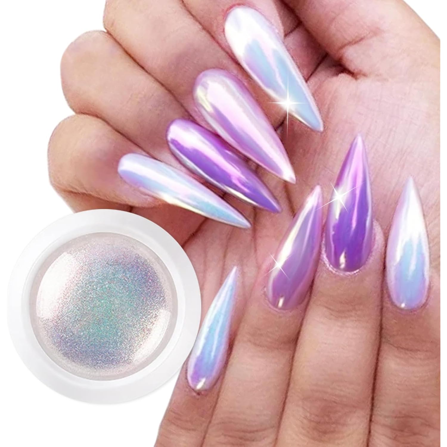1 Jar Unicorn Chrome Nail Powder Pearl Iridescent Metallic Mirror Effect White Mermaid Nail Glitter Aurora Pigment Dust for Manicure Art Design Decoration with Tool