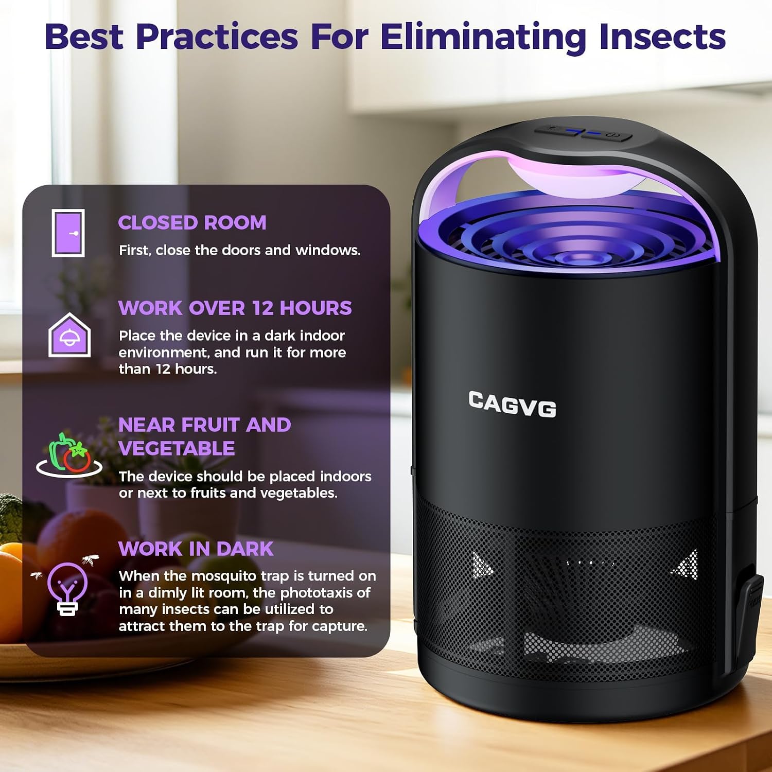 Fly Trap Indoor, Fruit Fly Traps For Indoors With Suction & Adjust Light | Plug-In Gnats Killer Catcher With 365-395 Nm Wavelengths For House Flies, Mosquito, Bug, Gnats, Low Noise, 10 Refills, Black
