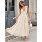 Parthea Women'S Gingham Halter V Neck Midi Dress Corset Smocked Sundress Flowy A Line Wedding Guest Dresses