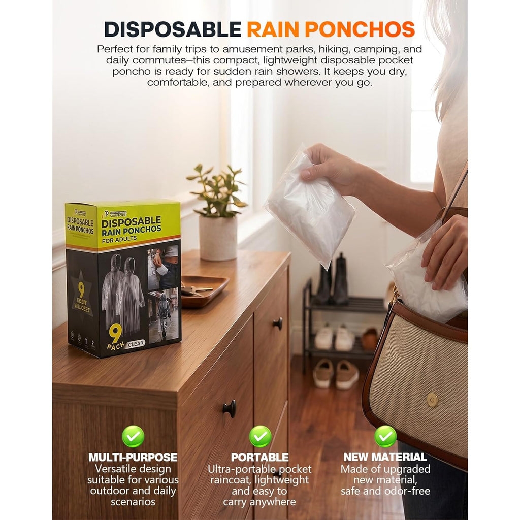 Disposable Rain Ponchos, 6Pk/9Pk Family Pack For Adults, Emergency Raincoat With Drawstring Hood For Travel Camping