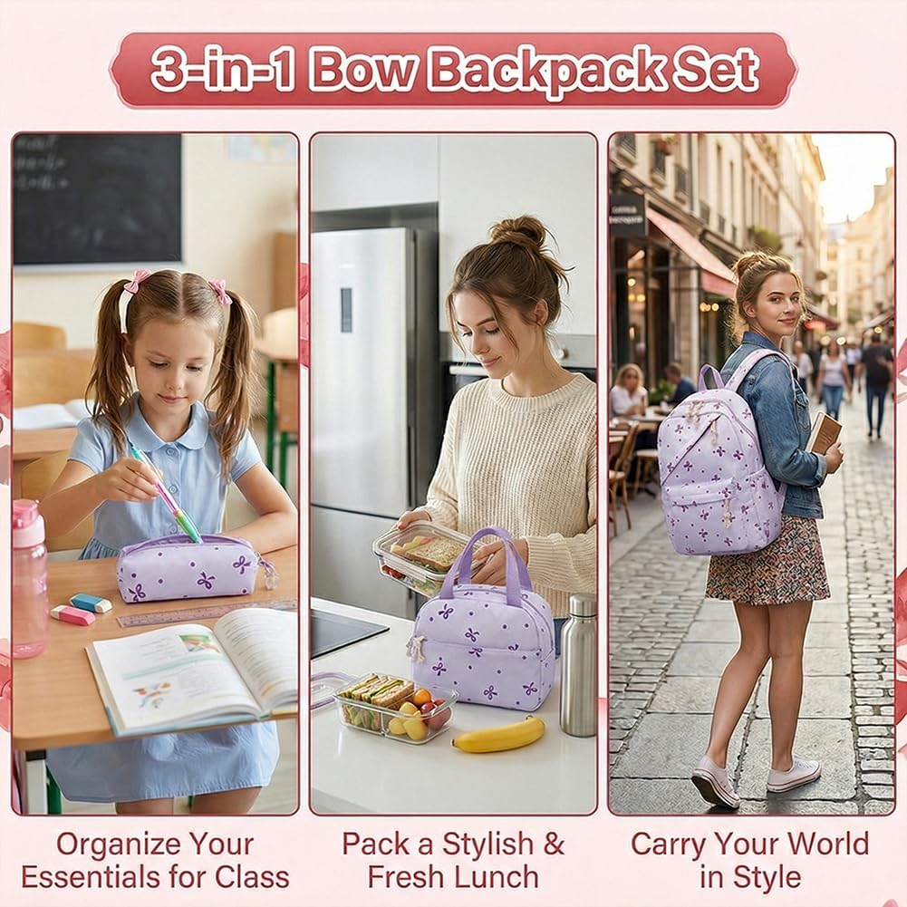 Crossbody Backpack With Bow, Travel And Campus Style Backpack For Women, Elegant Purple