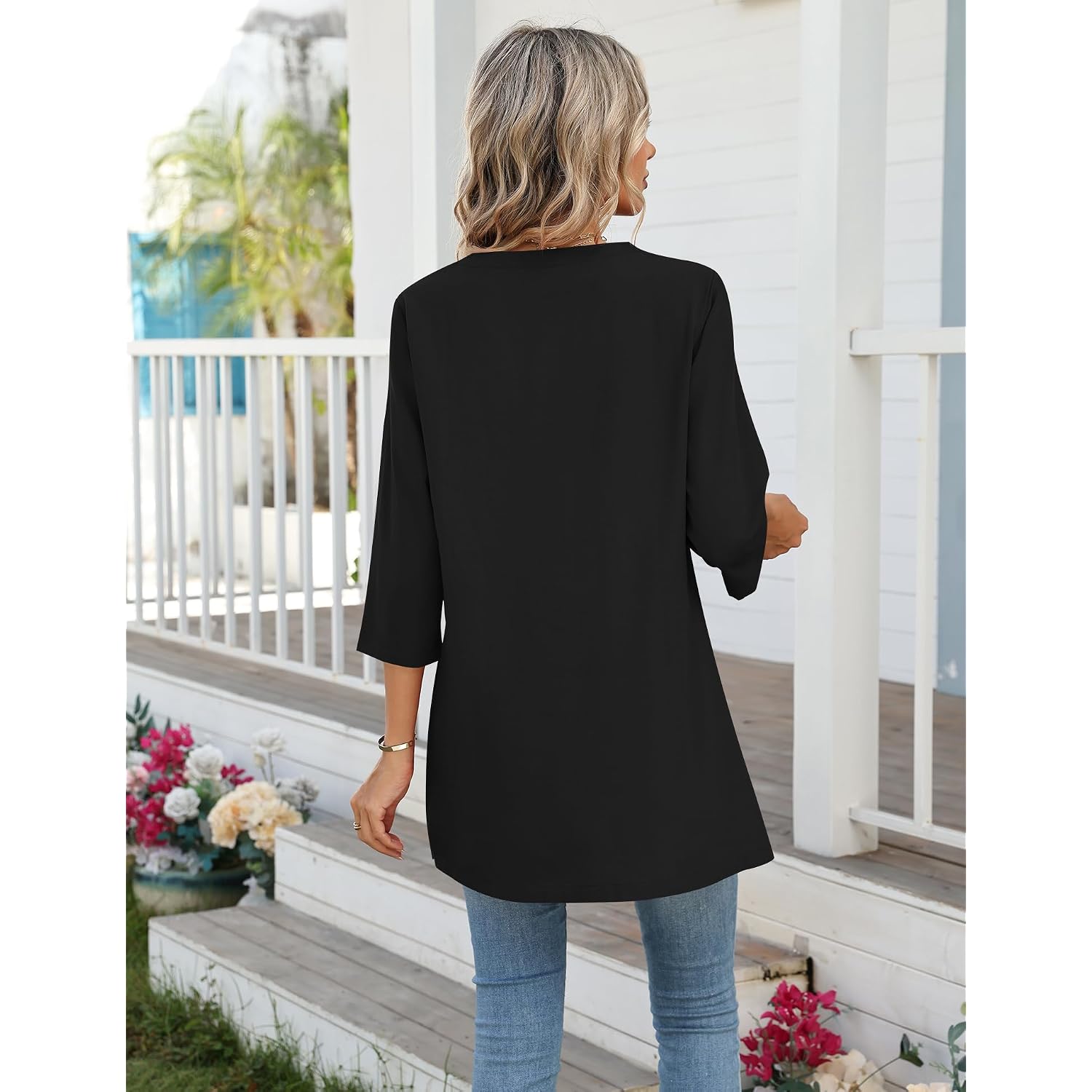 3/4 Length Sleeve Cotton Linen Womens Tops V Neck Loose Fit Dressy Casual Blouse Flowy Shirts Womens Clothing