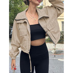 Tankaneo Womens Cropped Jacket Zip Up Lightweight Oversized Utility Anorak Coat With Pockets