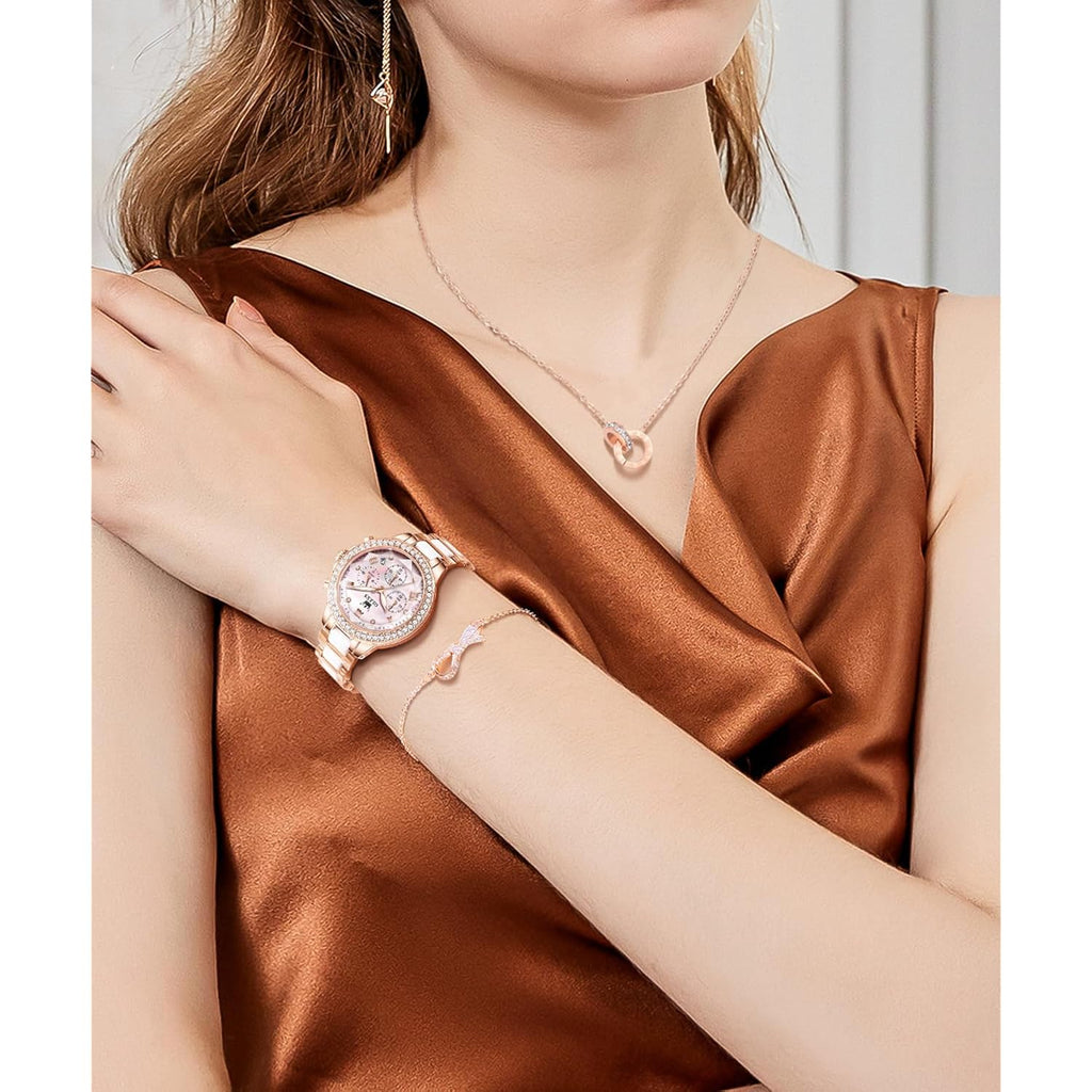 Olevs Women Watch Set Shinning Diamond Rose Gold Elegant Luxury Ladies Dress Wrist Watches Necklaces & Bracelets