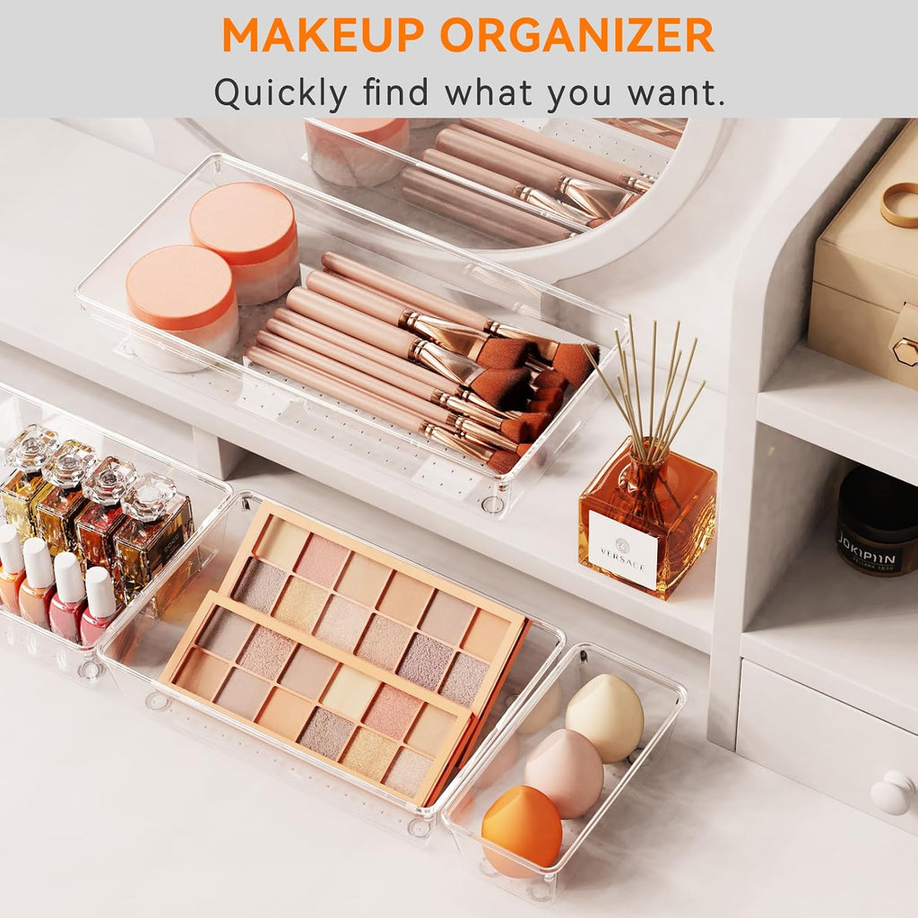 6 Pack Large Clear Plastic Drawer Organizer Trays, Acrylic Kitchen Drawer Organization And Storage Dividers, Non-Slip Storage Bins For Makeup, Kitchen Utensils, Bathroom, Jewelries And Office Desk