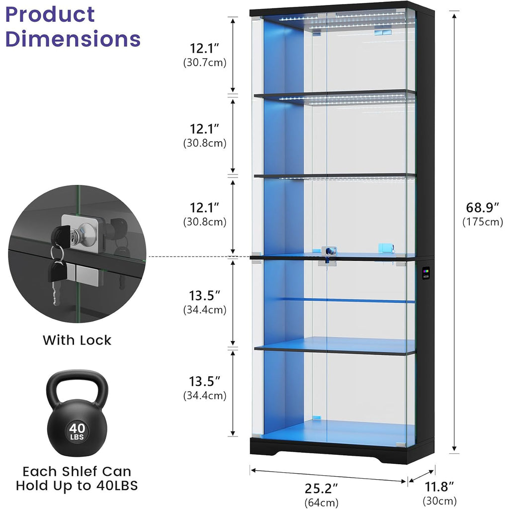 Dystler Glass Display Cabinet With Doors And Rgb Led Lights | 69" Tall Curio Cabinet, 5-Tier Wooden Shelves, Lockable Display Case, Motion Sensor, For Collectibles, Living Room, Black