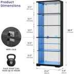 Dystler Glass Display Cabinet With Doors And Rgb Led Lights | 69" Tall Curio Cabinet, 5-Tier Wooden Shelves, Lockable Display Case, Motion Sensor, For Collectibles, Living Room, Black