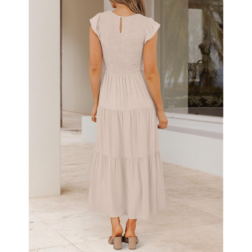 Zesica Women'S 2026 Summer Casual Flutter Short Sleeve Crew Neck Smocked Elastic Waist Tiered Midi Dress