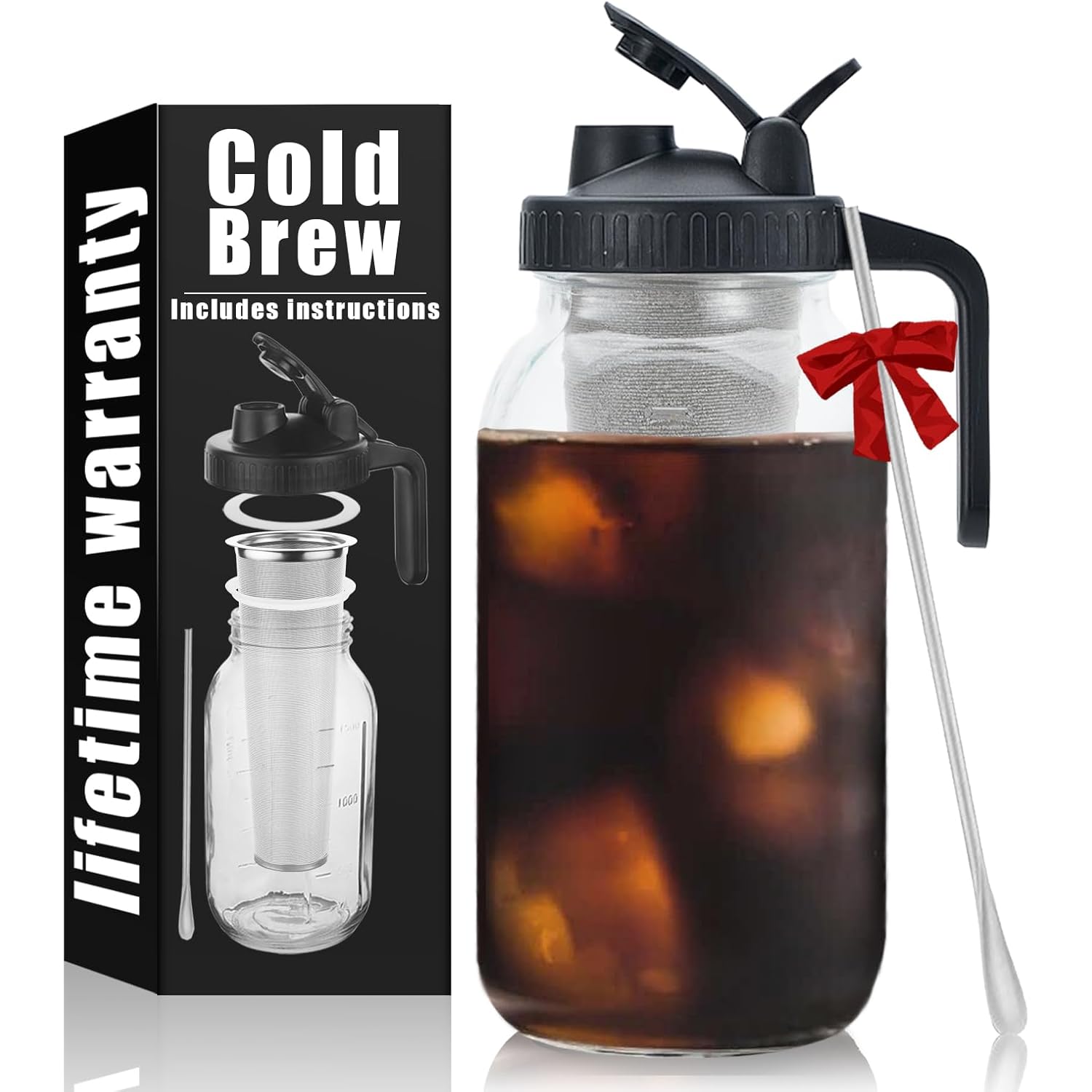 Cold Brew Mason Coffee Maker - 64oz Iced Coffee Pitcher with Stainless Steel Mixing Spoon & Super Dense Filter 3 Steps Finish Cold Brew Coffee, Classic BPA Free Sturdy Mason jar Pitcher Easy to Clean