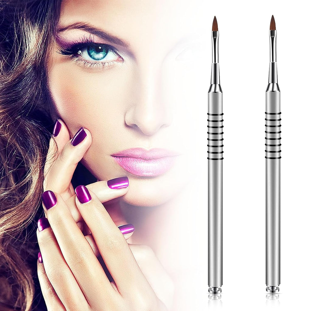 Hariendny 2 Pack 3D Nail Art Brush for Acrylic, Kolinsky Acrylic Nail Brushes Set, Nail Lining Brush Nail Salon Painting Brush Pen with Non-Slip Handle, Silver Metal Nail Art Pen (Size #2)