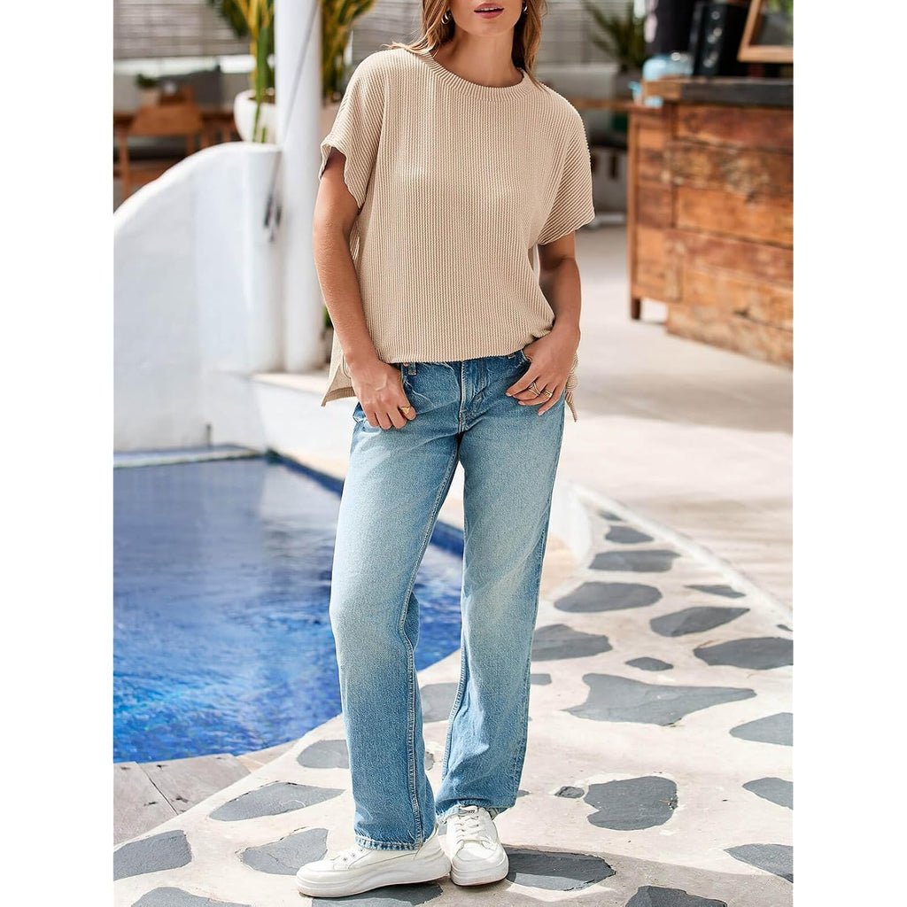 Tankaneo Womens Oversized Short Cap Sleeve Tunic Tops Summer Casual Textured Ribbed Knit T-Shirts Loose Fit Tees